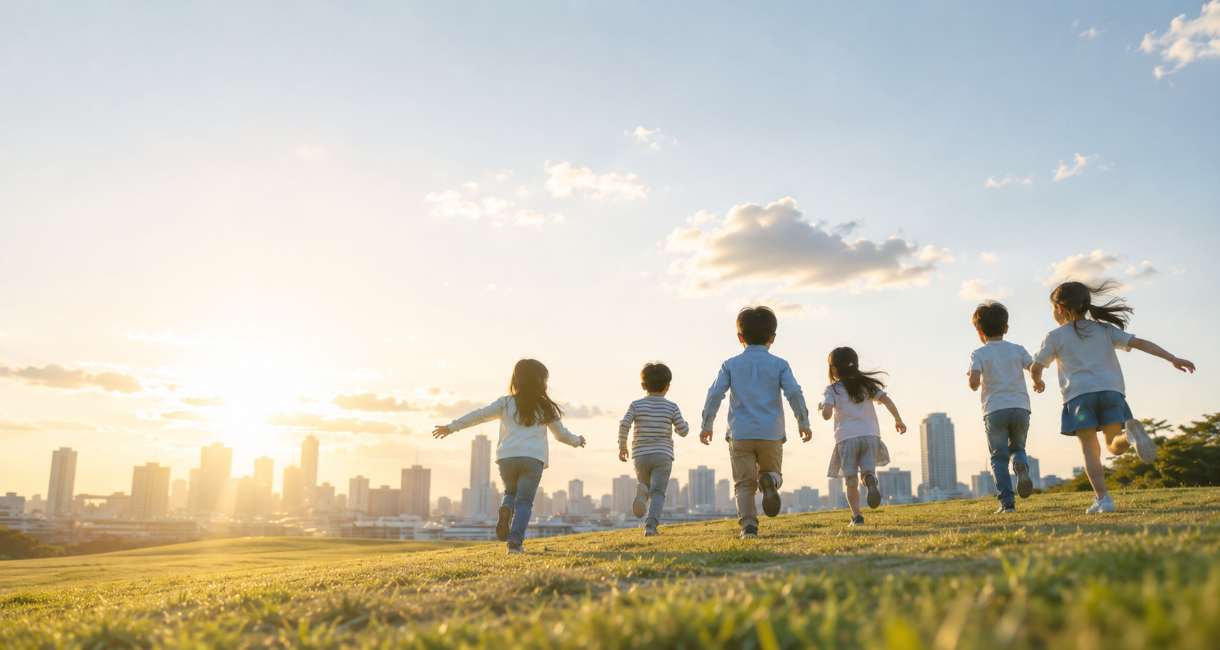 街を望む丘を駆ける子どもたち